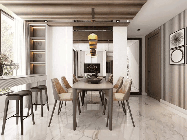 Phòng khách được thiết kế nối liền với phòng ăn
