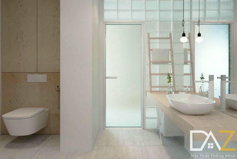 Mẫu thiết kế nội thất phòng tắm cho chung cư 62m2 với tone màu trắng