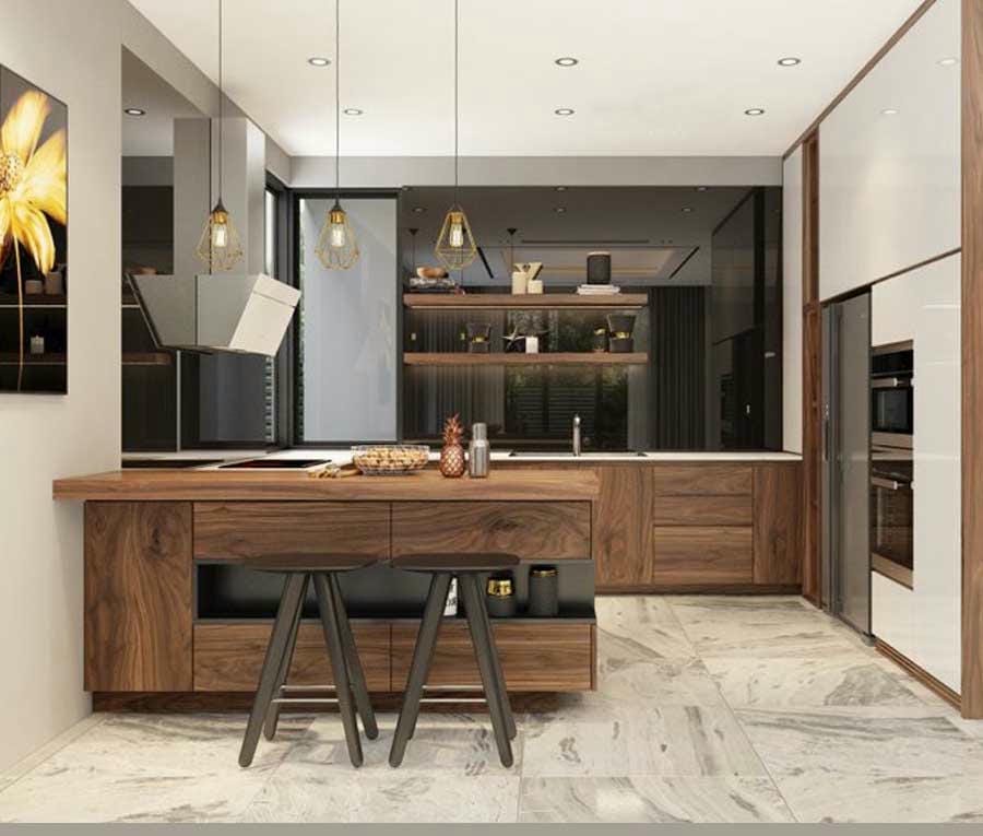 Nội thất chung cư gỗ tự nhiên - tủ bếp kết hợp acrylic hiện đại