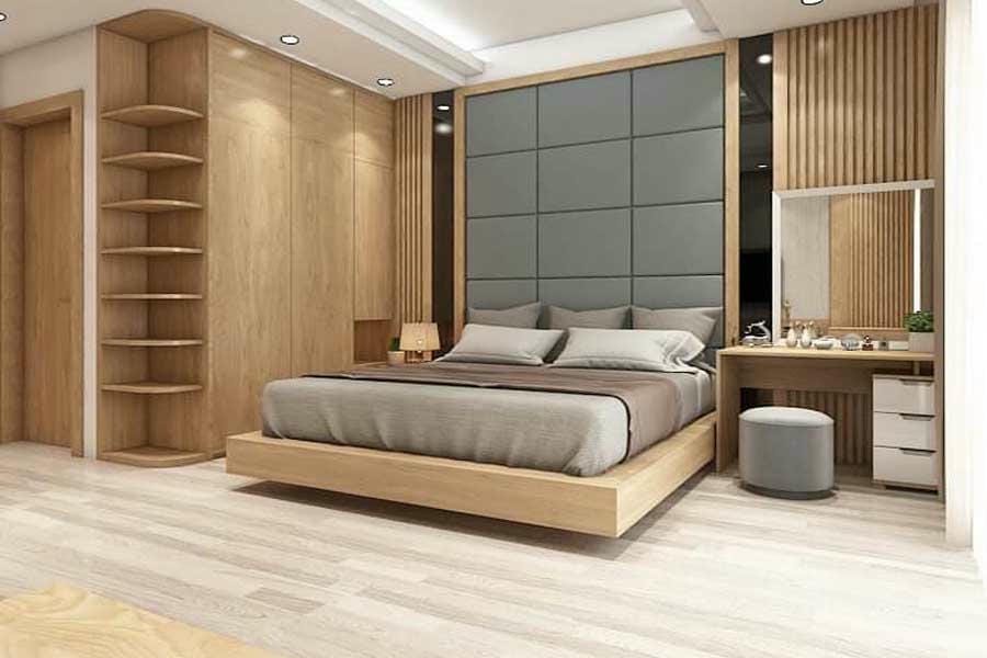 Giường ngủ gỗ veneer sồi kiểu dáng giường bay