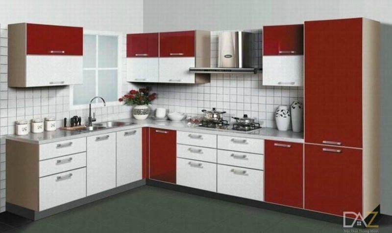 Tủ bếp acrylic đẹp chữ L kết hợp trắng