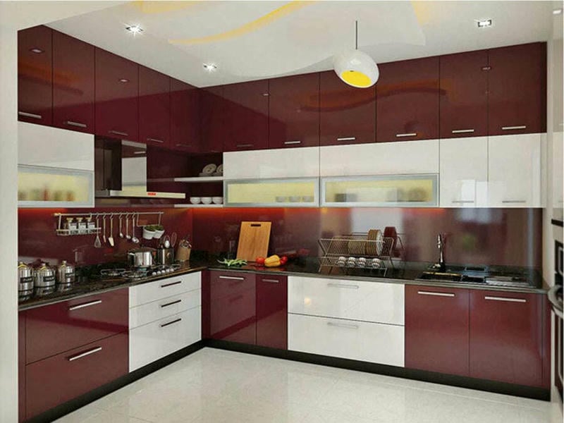 Tủ bếp acrylic chữ L màu đỏ mận