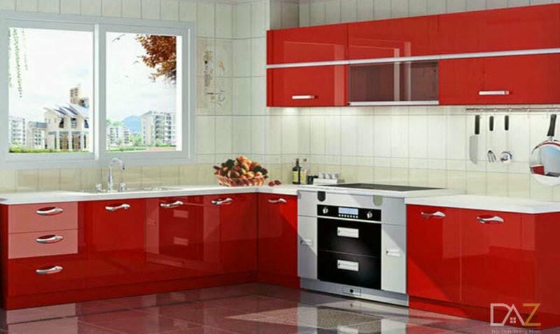Tủ bếp acrylic màu đỏ chữ L