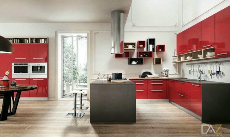 Tủ bếp acrylic đỏ đen có bàn đảo
