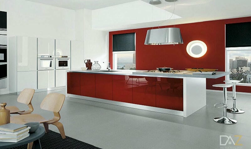 Tủ bếp acrylic chữ L kết hợp quầy bar