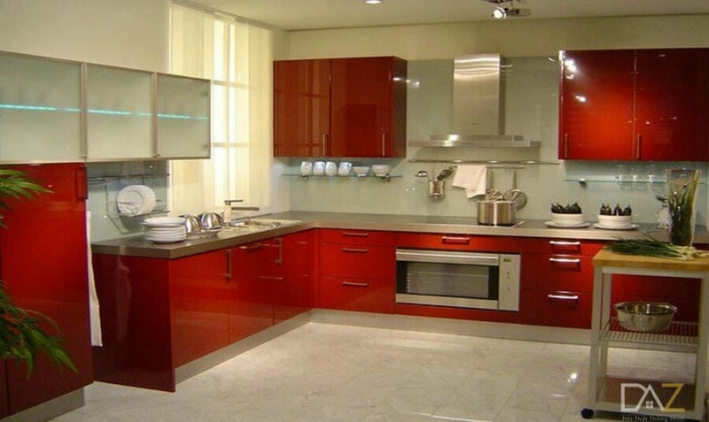 Tủ bếp chữ L chất liệu Acrylic An Cường