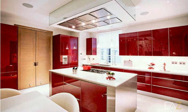 Tủ bếp Acrylic đỏ thông với phòng khách