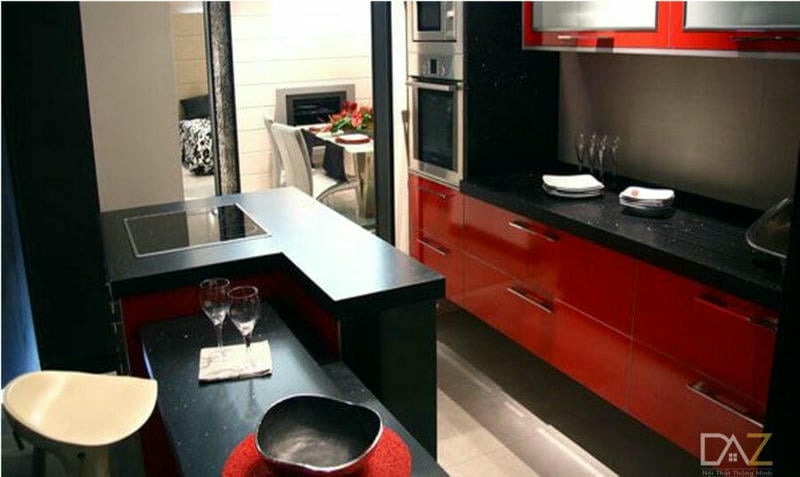 Tủ bếp Acrylic đỏ kết hợp bàn đá đen