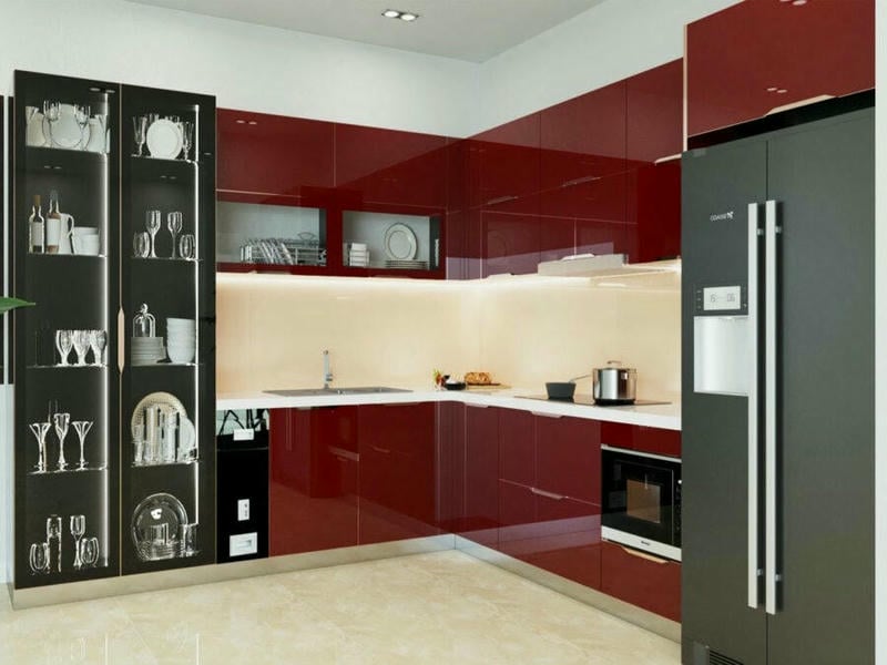 Tủ bếp Acrylic chữ L kết hợp tủ để ly cốc
