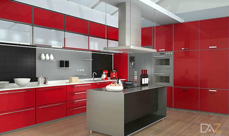 Tủ bếp acrylic chữ L màu đỏ cho căn bếp rộng