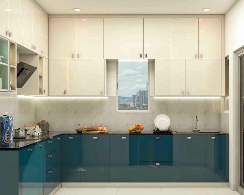 Mẫu tủ bếp Acrylic SHT-07 có màu xanh trắng đẹp mắt