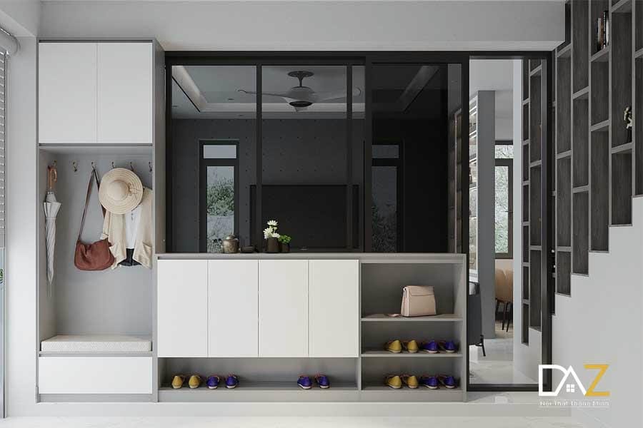 Một bộ tủ giày để ngay cạnh cầu thang đẹp và hiện đại