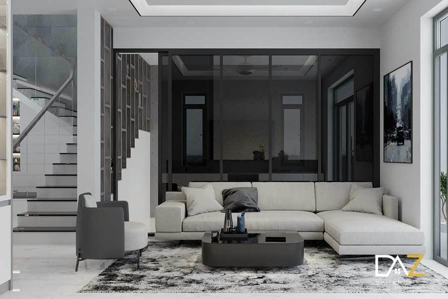 Bộ sofa nỉ kết hợp vách kính đen