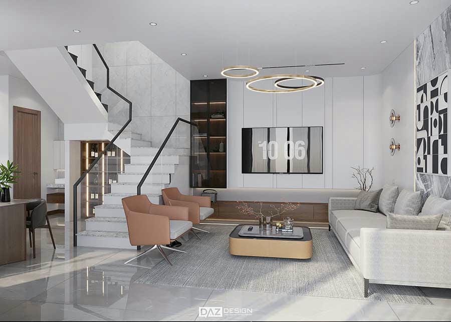 Cầu thang kính kết hợp đá ốp tường cực sang trọng