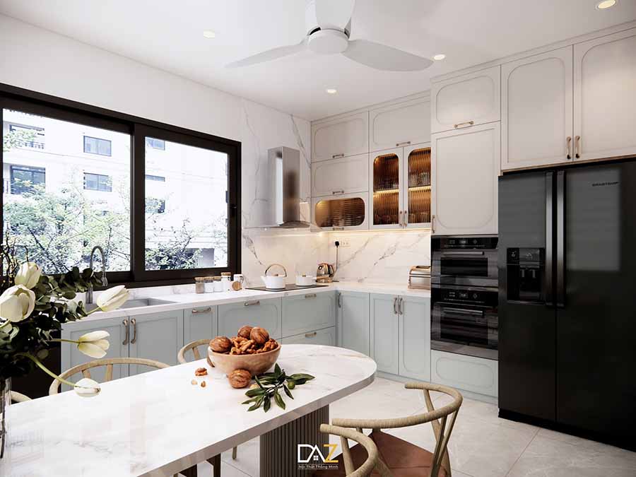 Tủ trên kịch trần với cánh phủ Acrylic bóng gương