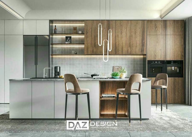 Tủ Bếp Laminate trắng kết hợp vân gỗ